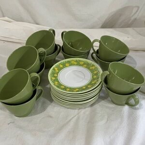 Lenox Ware cups and Melamine saucers Avocado Green floral